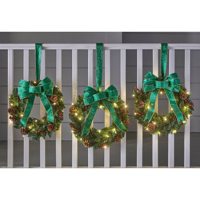 Charming Set of 3 Cordless Pre-Lit 16-Inch Mini Christmas Wreaths with LED Lights