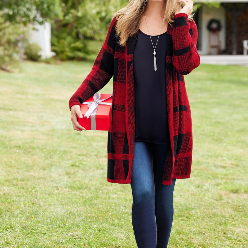 Cozy Shawl Collar Country Village Sweater Cardigan Warm Buffalo Plaid Knit