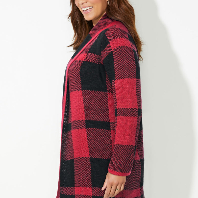 Cozy Shawl Collar Country Village Sweater Cardigan Warm Buffalo Plaid Knit